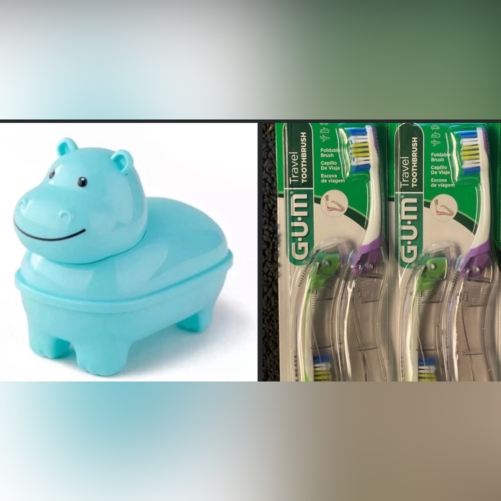 Hippo Soap Dish & 2-2pack Travel Toothbrushes Soft All NWT